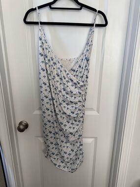 White Floral Ruched Slip Dress with Blue Print - MATERNITY